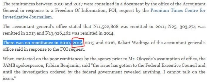 2012 - (APPLICANTS) 1,632,835Expected income: N4K X 1,632,835 = N6,531,340,000Remittance = NILLNote, N6 BILLION, Zero remittance to FG by the TECHNOCRATS.....Na ordinary JAMB be this o. #NaijaSCAMhistory