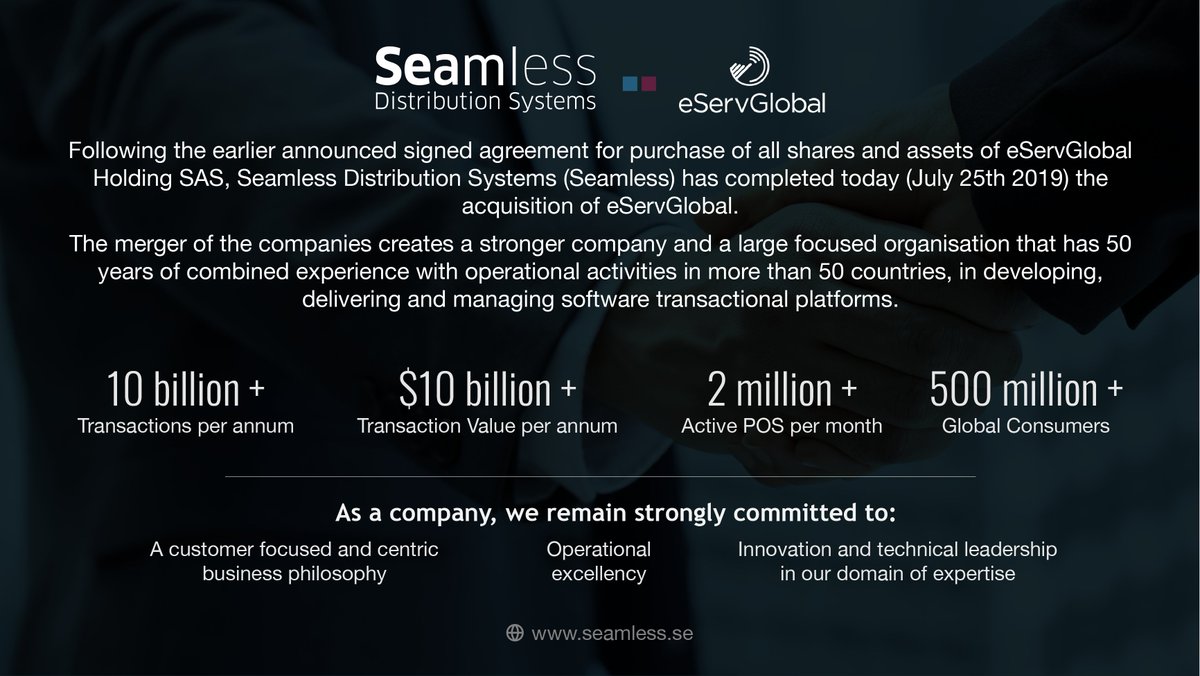 SDS_Seamless's tweet photo. Following the earlier announced signed agreement for purchase of all shares and assets of eServGlobal Holding SAS, Seamless Distribution Systems (Seamless) has completed today the acquisition of @eServGlobal. https://t.co/st0aU9qEpW