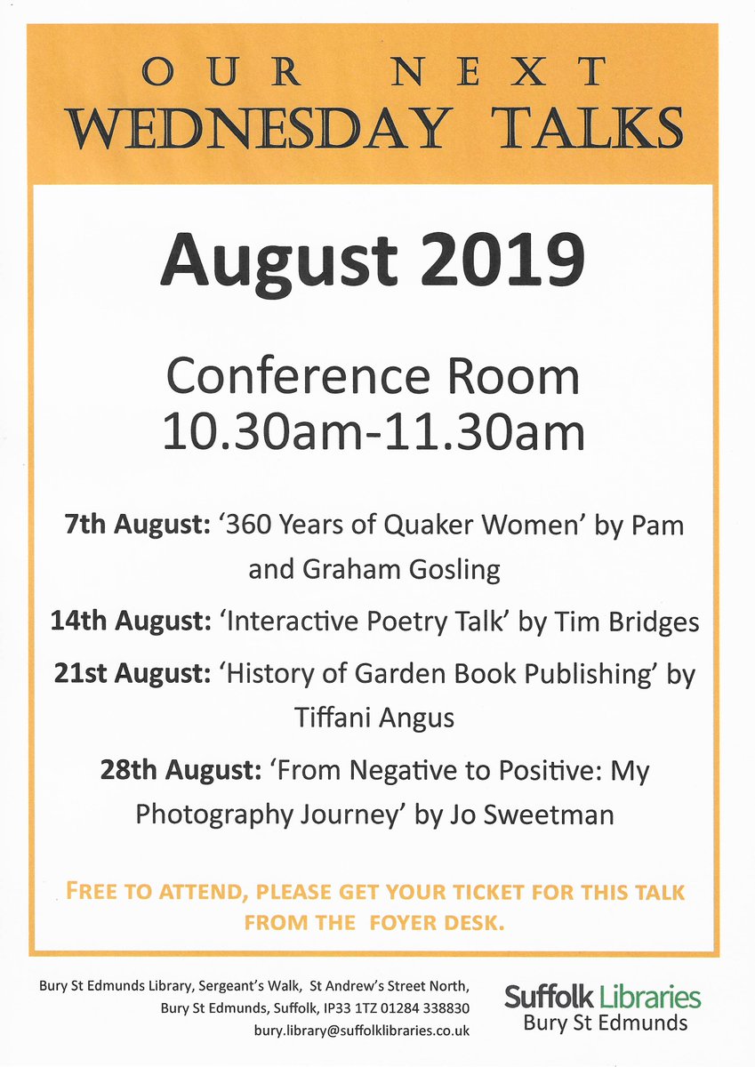BuryLibSuffolk's tweet image. We&apos;re delighted to announce our August #wednesdaytalks programme! Join us for a diverse range of talks, including women&apos;s history, photography and more