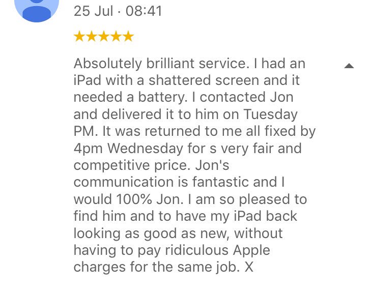 TeamK_UK's tweet photo. Another Google 5* review received this morning. #ipad #repair #Devon https://t.co/cSp5ykBZP4