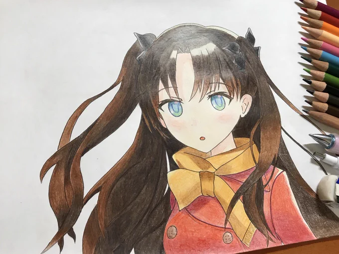 『Fate/stay night』より遠坂凛を描きました。仕上げにデジタルで細かい箇所を修正してあります(2枚目) 