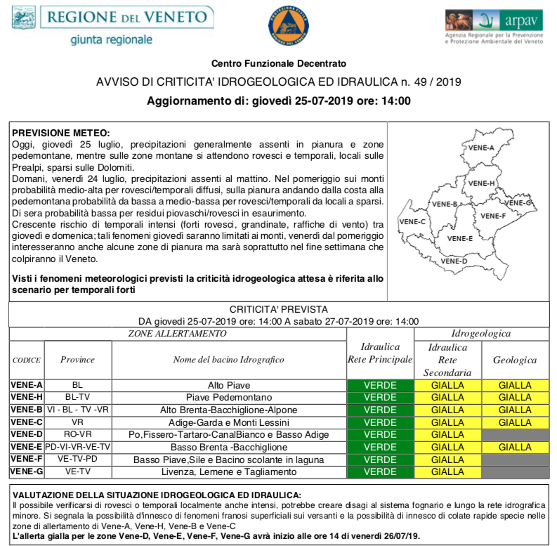 SUEM_Veneto's tweet photo. 25LUG 14:00 #CFD @ProtezioneV @RegioneVeneto @arpaveneto Dopo l'ondata di caldo previsti nel fine settimana #temporali forti, allerta gialla su tutta la regione. Attenzione già da domani per le escursioni sulle #Dolomiti: possibili fenomeni locali intensi https://t.co/YIrL4Nqmzq