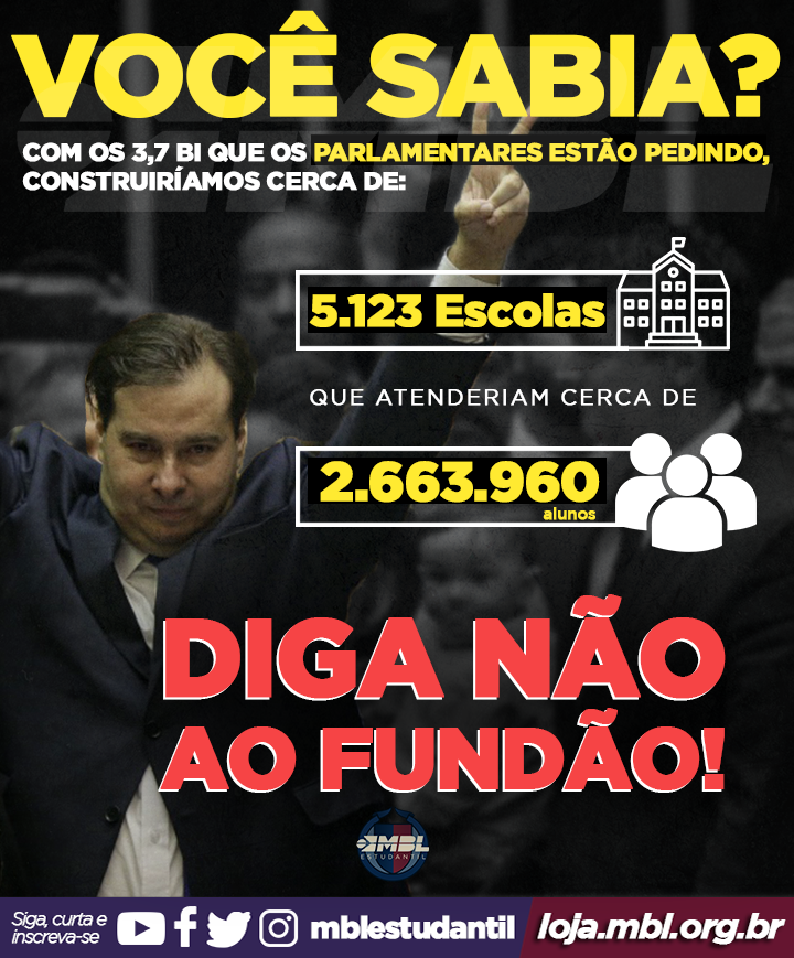 MBLestudantil's tweet photo. Tendo em vista que a construção de uma escola para atender 520 alunos custa, em média, R$ 720.000. Acha que o fundão eleitoral é vantajoso para a POPULAÇÃO?

*Estudo baseado na construção de 9 escolas em SC, com valor total de R$ 6,5 milhões, sendo R$ 722.222 para cada escola. https://t.co/7V5orIY3jY