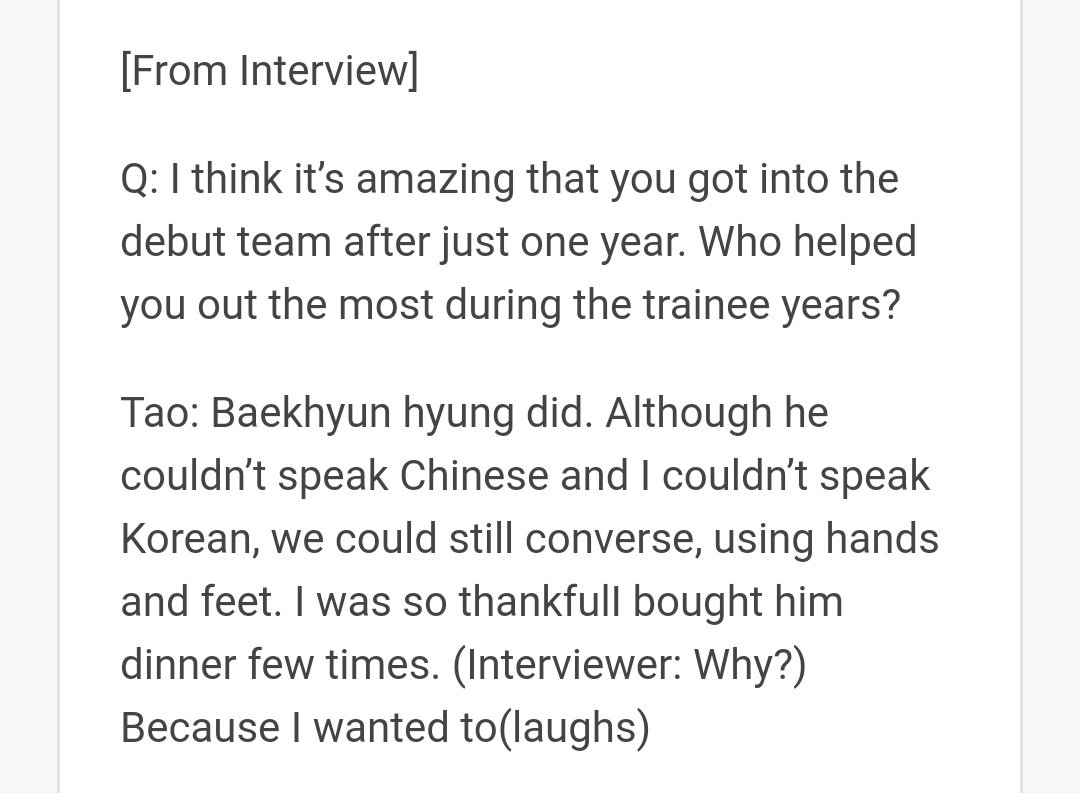 Tao saying how Baekhyun hoped him the most even tho he joined late and had language barriers too