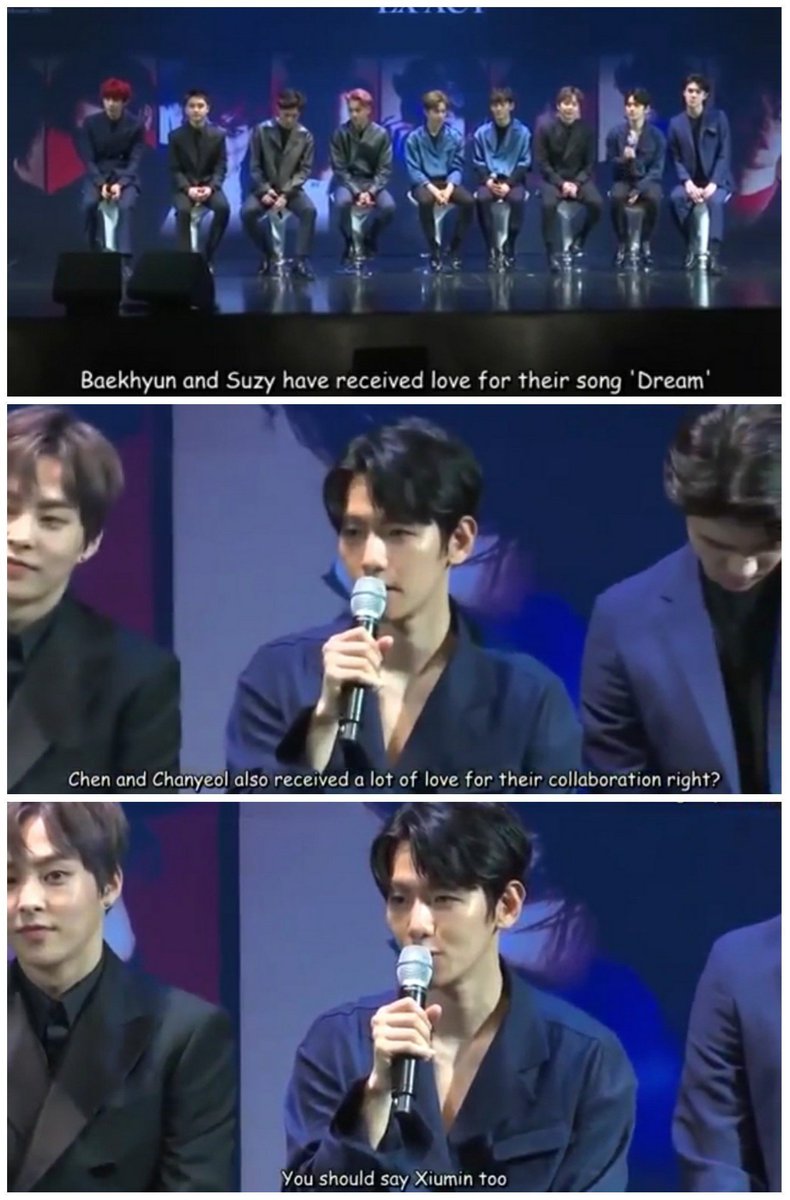 When a reporter asked EXO about their collabs but didn't mentioned Xiumin so Baekhyun quickly took mic to remind them about him and also encouraged Xiumin to talk about it