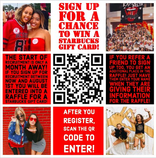 Sign up for recruitment between now and August 1st to be entered in a raffle for a Starbucks gift card! Also, if you refer a friend to sign up you get an additional place in the raffle (make sure they give your name when entering their information for the raffle)!