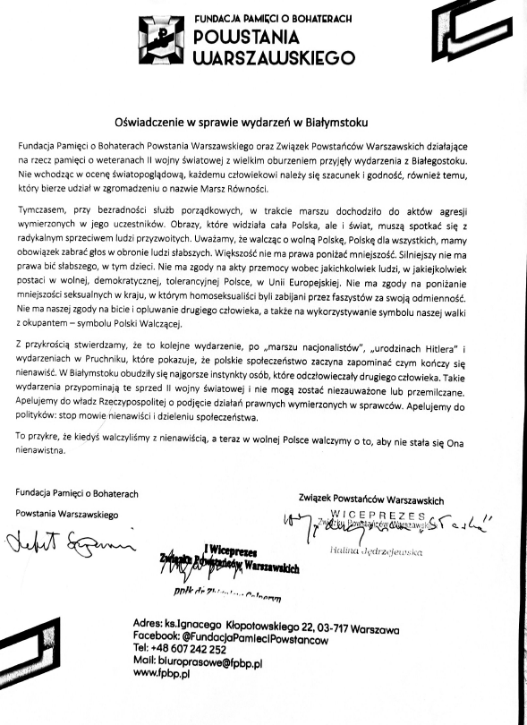 Pełne oświadczenie Związku Powstańców Warszawskich i naszej Fundacji w sprawie wydarzeń w Białymstoku.