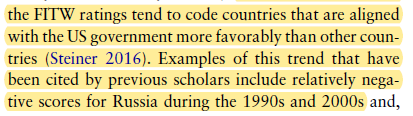 But I found one point by  @sarahsunnbush to be particularly revelatory: that the coding, regardless of the coding rule, is not consistently applied -- US allies tend to receive better scores.