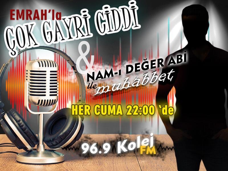 Emrah’la Çok Gayri Ciddi &amp; Nam-ı Değer Abi ile birlikte Cuma saat 22:00’da Kentin En Farklı Radyosu Kolej FM’deyiz. 
#kolejfm #emrahlagayriciddi #emrahlaçokgayriciddi #namıdeğerabi #ağabey #radyo #müzik #eğlence #90lar