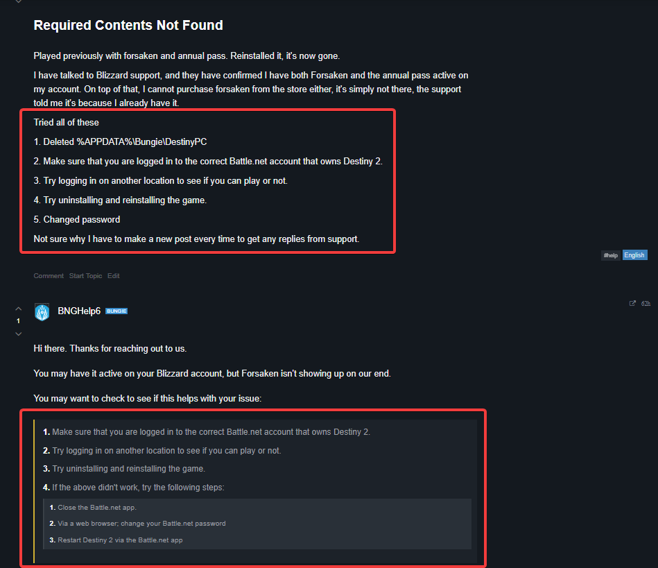 rumblefrog's tweet photo. @Bungie forum support agents are just a bunch of robots replying using canned responses. https://t.co/ndpSCEcyYV
