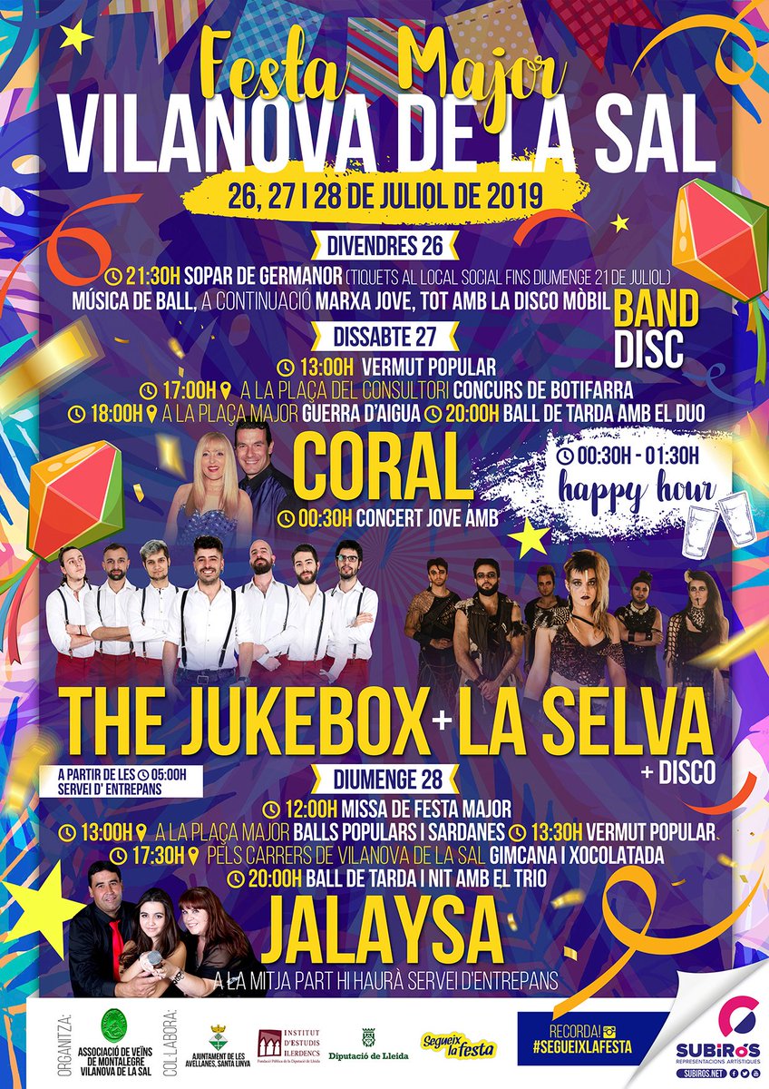 Seguim #atope amb grans Festes Majors!!
#SARRAL 
#PUIGVERDDELLEIDA 
#LAPOBLADESEGUR 
#VILANOVADELASAL 
#NALEC 
#LABORDETA 
#SANTRAMON 
#CERVIÀDELESGARRIGUES
BONA #FESTAMAJOR !!!
-----
#festamajor2019 #estiu #ballaruca #segueixlafesta
facebook.com/SUBiROSReprese…