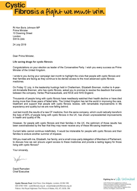 cftrust's tweet photo. We’ve written to new PM @BorisJohnson @10DowningStreet to ask him to break the deadlock on access to #lifesavingdrugsnow. People with #cysticfibrosis and their families like @Elizabe46045399’s deserve better https://t.co/5bBfjhsRbC https://t.co/ABZeIO4pdO