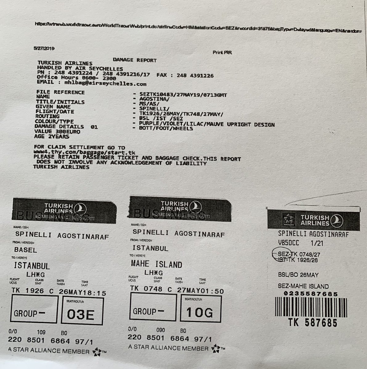 Spinelliagos's tweet photo. @TurkishAirlines @TK_HelpDesk Basel - Seychelles (Business Ticket) 26/5/19 I’ve received my luggage with 3 wheels instead 4. I did the claim and I’m till waiting for your contact, SOMEONE CAN HELP ME??? Many thanks. Agostina Spinelli https://t.co/ZD5Xf8vB3y