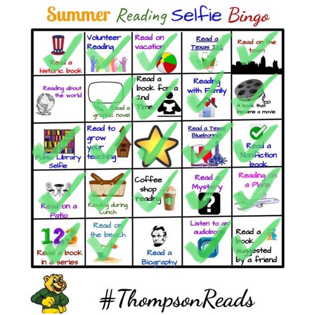 MrsHinchART's tweet photo. It’s a BINGO blackout summer! 2 more til blackout at the gym AND at work...forever a competitor 🏋🏻‍♀️📚 #Iliketowin #thompsonisexcellence #thompsonreads https://t.co/YjmdSbb4br