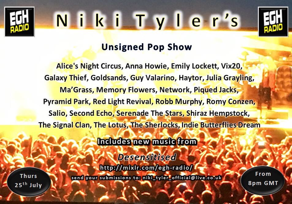 nikityler1's tweet photo. Playing on my @EGHRadio pop show tonight from 8pm BST @romyconzen @secondechomusic @TheSignalClan @MemoryFlowers #EmilyLockett @annahowiemusic @salio_official @haytorband @Desensitised_UK @Julia_Grayling @PiquedJacks @goldsandsmusic https://t.co/loI8RmtJaW