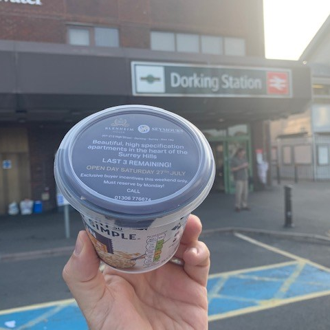 seymours_estate's tweet photo. The Seymours Dorking team were handing out complimentary porridge pots outside Dorking Train Station yesterday for all the commuters.

This was to push awareness of Blenheim House, launching this Sat 27th July.

Find out more about the new show apartment: https://t.co/xQp1ei70cq https://t.co/9ipmGHst0C