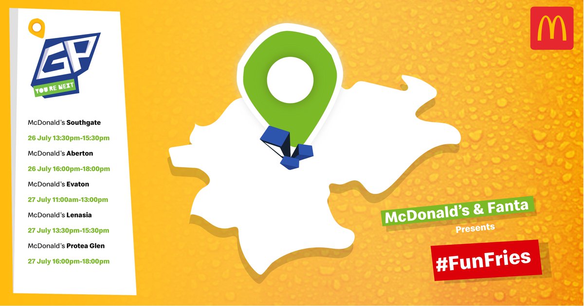McDonalds_SA's tweet photo. Don't forget that the #FunFries adventure continues this weekend. Join McDonalds X
@FantaFunZA
as we take you through a delicious and sensory experience at the following stores😁🍟😁 https://t.co/n1t6INp7YW