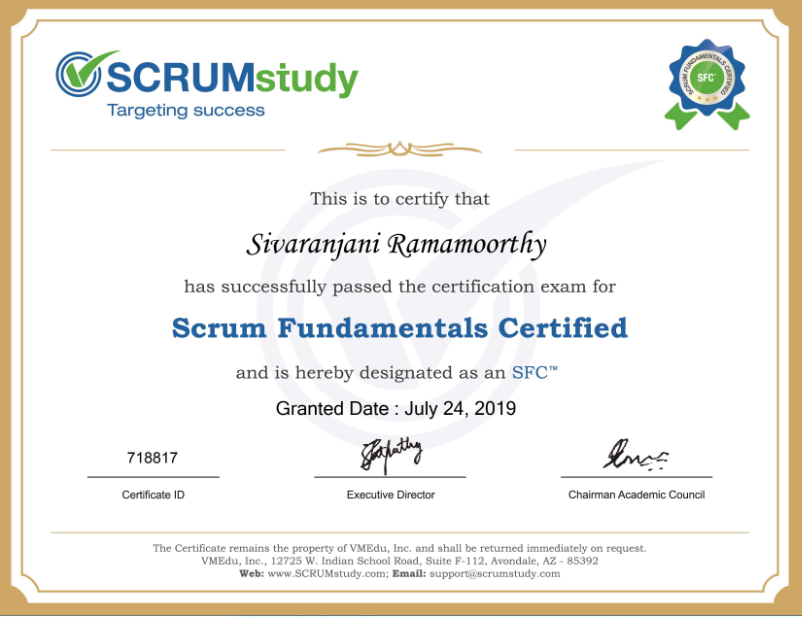 ranjanirama's tweet photo. First Scrum certification .New learning begins here What is next??? #scrum  @SCRUMstudy_ https://t.co/wtDYsAnO28