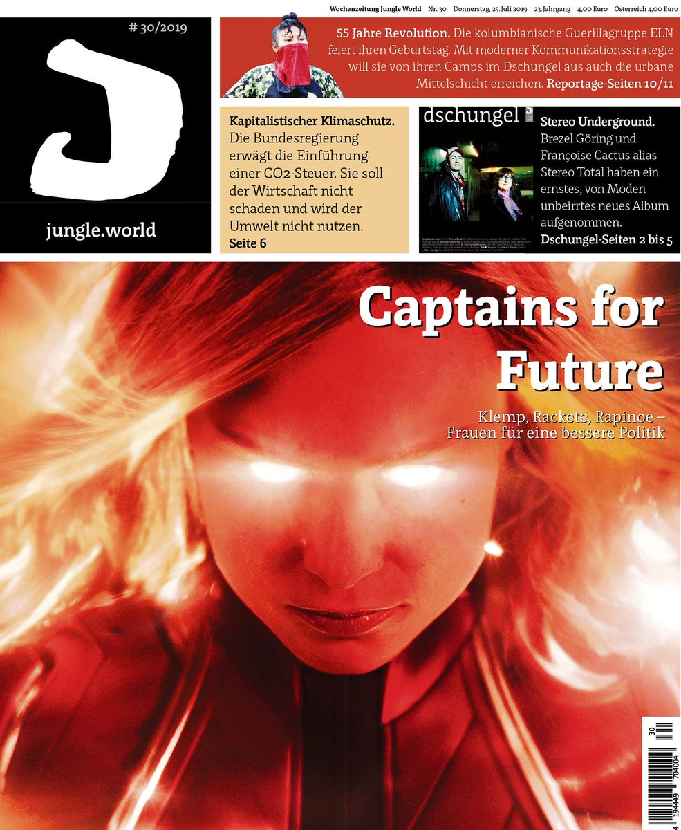 Jungle_World's tweet photo. Im Kino rettet Captain Marvel die Welt. Auch im wahren Leben machen Kapitäninnen Schlagzeilen: Carola Rackete auf der See, Megan Rapinoe auf dem Fußballfeld. Junge Frauen fordern das Patriarchat heraus. Haben wir Heldinnen nötig? Jetzt in der Jungle World!
https://t.co/CGGqA3RA3E https://t.co/r8HBfTuInS