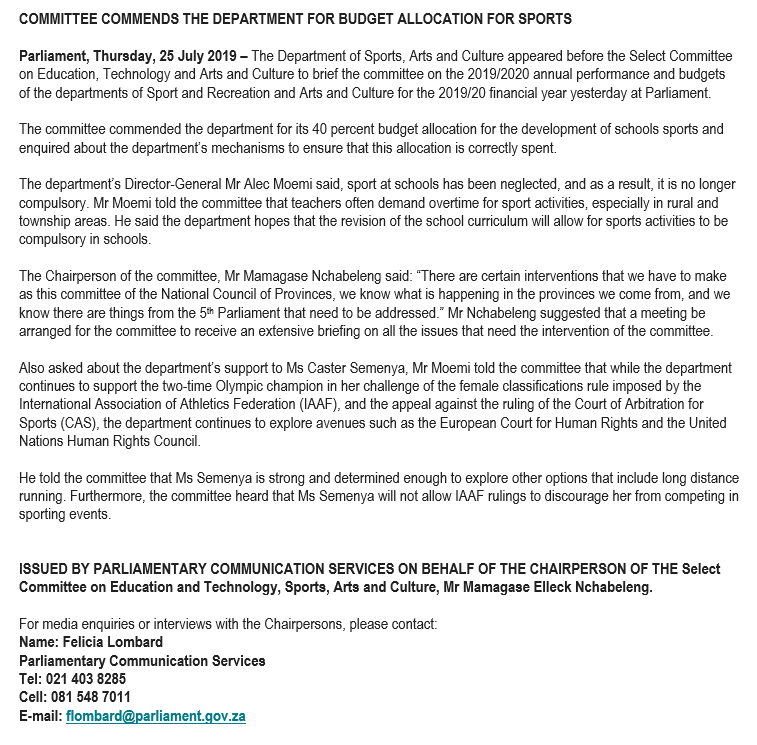 ParliamentofRSA's tweet photo. Committee Commends the Department for Budget Allocation for Sports https://t.co/9UoviUncKY https://t.co/6JXhF0eWuX