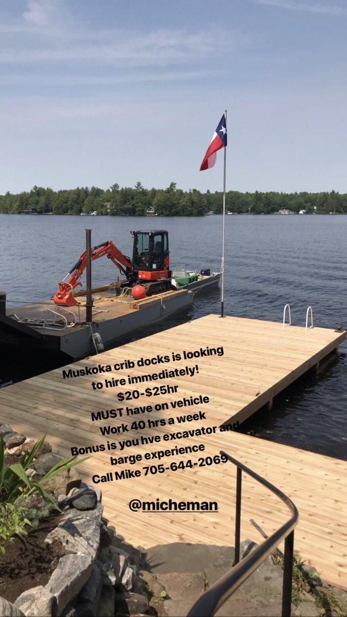 micheman9's tweet photo. Looking to hire a crew of guys with our large work load! #muskoka #job #muskokacribdocks call Mike 705-644-2069 https://t.co/fhNH4fowv7