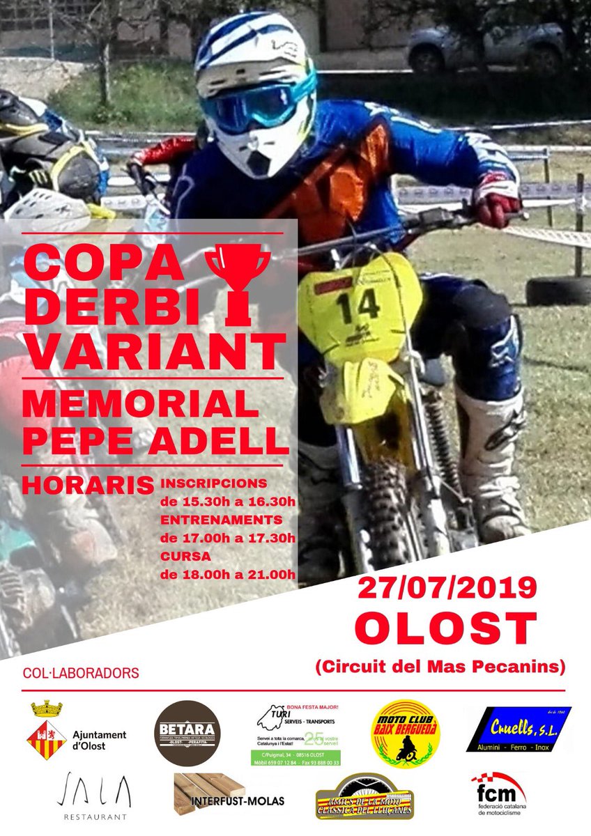AjuntamentOlost's tweet photo. Els amants del motor teniu una cita a #Olost, el proper dissabte 27 de juliol, a partir de 2/4 de 4 de la tarda, al Circuit del Mas Pecanins, on es durà a terme la cursa de motos "Copa Derbi Variant 2019 - Memorial Pepe Adell".
#derbivariant #derbi #motociclisme https://t.co/AXaTvNpbXX