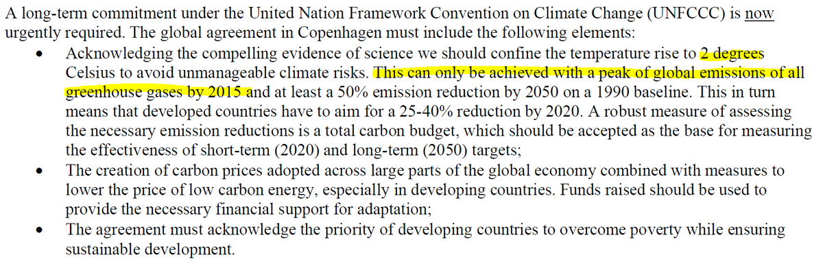 The "St James Palace Memorandum" explicity says that 2C "can only be achieved" by a global peak of GHG emissions by 2015. Yet, it did not happen. But signatories chose not to stick to their deadline afterwards. http://www.newscientist.com/wp-content/uploads/2009/05/sjp_memorandum.pdf( http://rdcu.be/bLiok ) [2b]