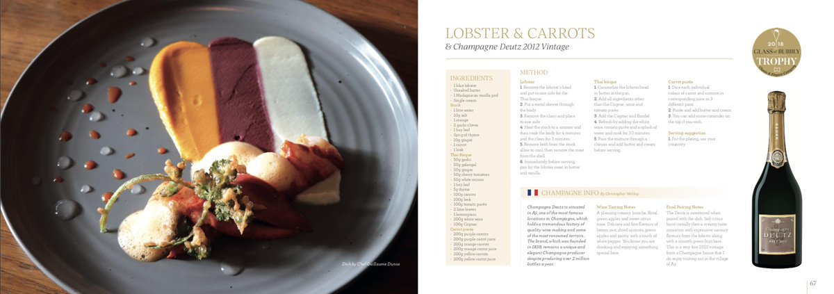 Our chef Guillaume Dunos Chef is featured in <a href="/AGlassOfBubbly/">CC Champagne</a> food pairing book! 👨🏻‍🍳
Introducing the Lobster &amp; Carrots paired with Champagne DEUTZ 2012 Vintage 🍾