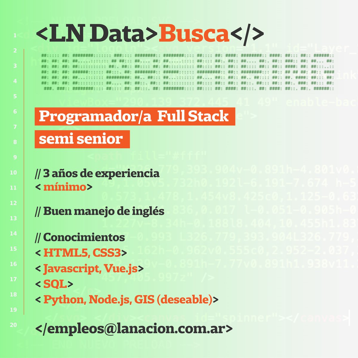 LNdata's tweet photo. Buscamos PROGRAMADOR/A para @lndata
 y @lncreativa
 
#python #civictech #datascience

También nos gustaría experimentar soluciones de #IA #ML para periodismo. 

Conocé al equipo y la variedad de proyectos

📽️
 https://t.co/hPMI7qsTuU https://t.co/YROVQl4Y7I