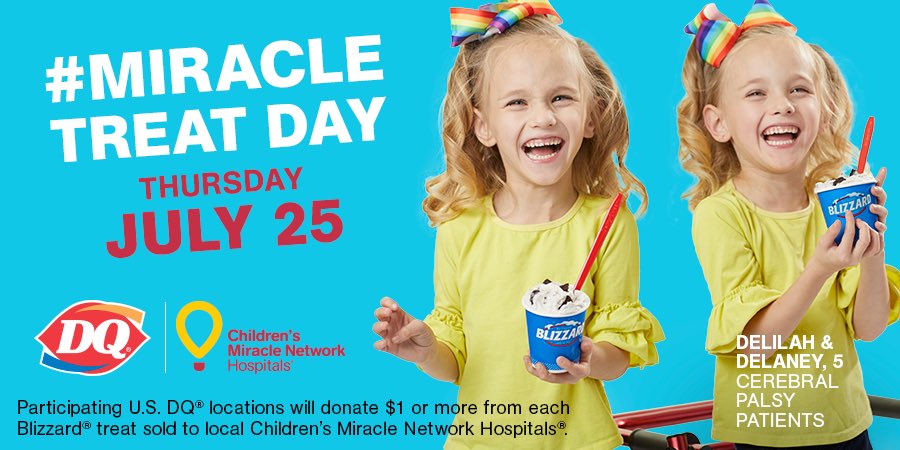 It’s #MiracleTreatDay! Today only, $1 or more from every BLIZZARD® Treat sold at participating U.S. <a href="/DairyQueen/">Dairy Queen</a> locations will be donated to your local @cmnhospitals
