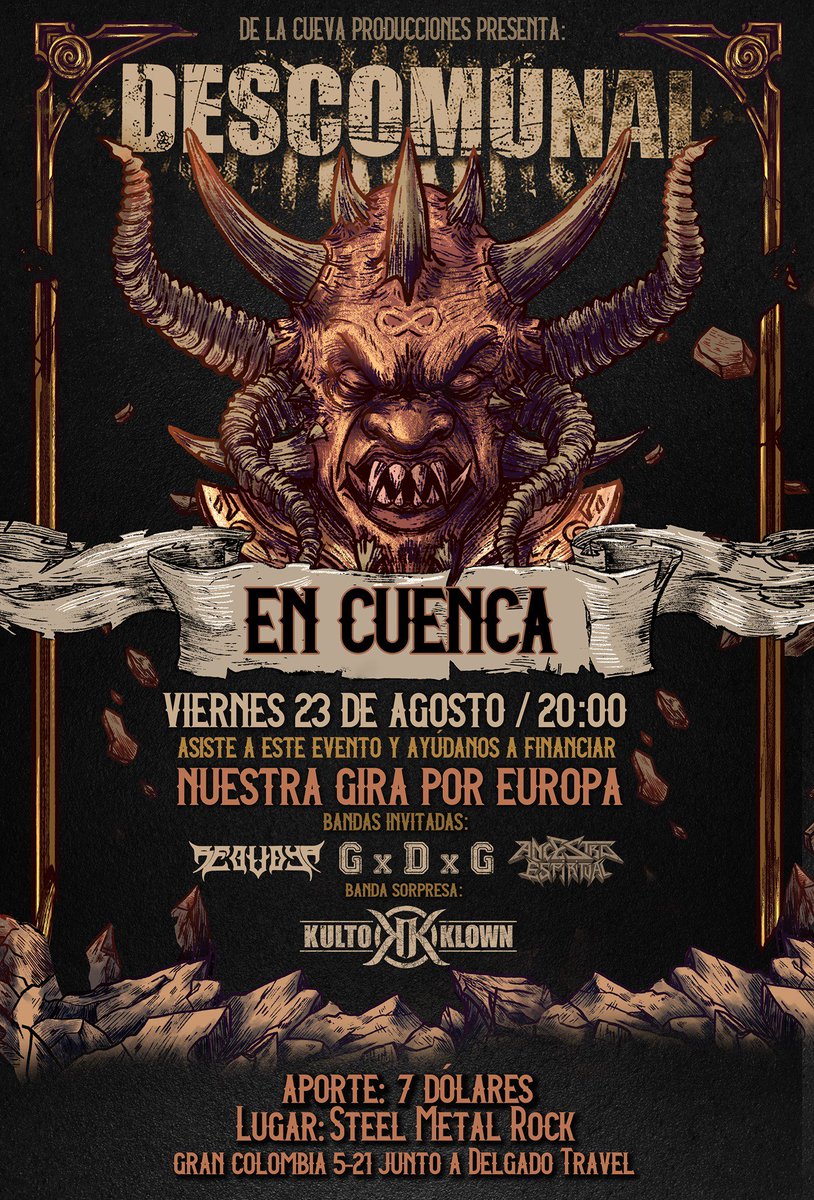 MiletoEc's tweet photo. Este 23/08 @Descomunal593 en #Cuenca (Gira de despedida a Europa) y cómo invitados #Sequoya #GritoDeGuerra #AncestroEspiritual y el retorno de #KultoKlown en VIVO!!
https://t.co/kcSZyy4NIP https://t.co/rhvlIGJrSn