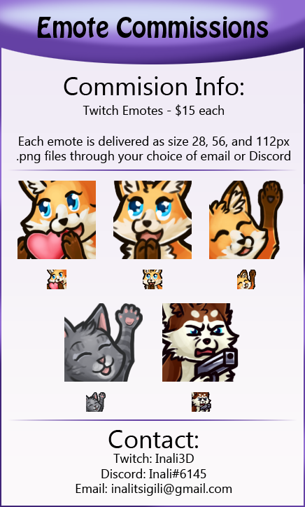 Inali3D's tweet photo. Hey everyone! I've decided to open Twitch emote commissions!!! #twitchemotes #emoteartist #commissionsopen https://t.co/gXq2X5R4Ls