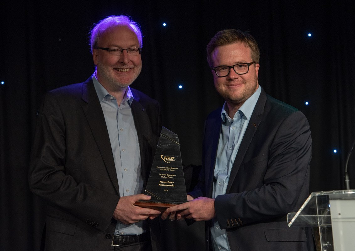 FIRSTdotOrg's tweet photo. #Throwback to #firstcon19 when Prof. Dr. Klaus-Peter Kossakowski is honored as the inaugural inductee of The Incident Response Hall of Fame. Congratulations again Peter! 
#cybersecurity #IncidentResponse #tbt https://t.co/UsRigKbyAK