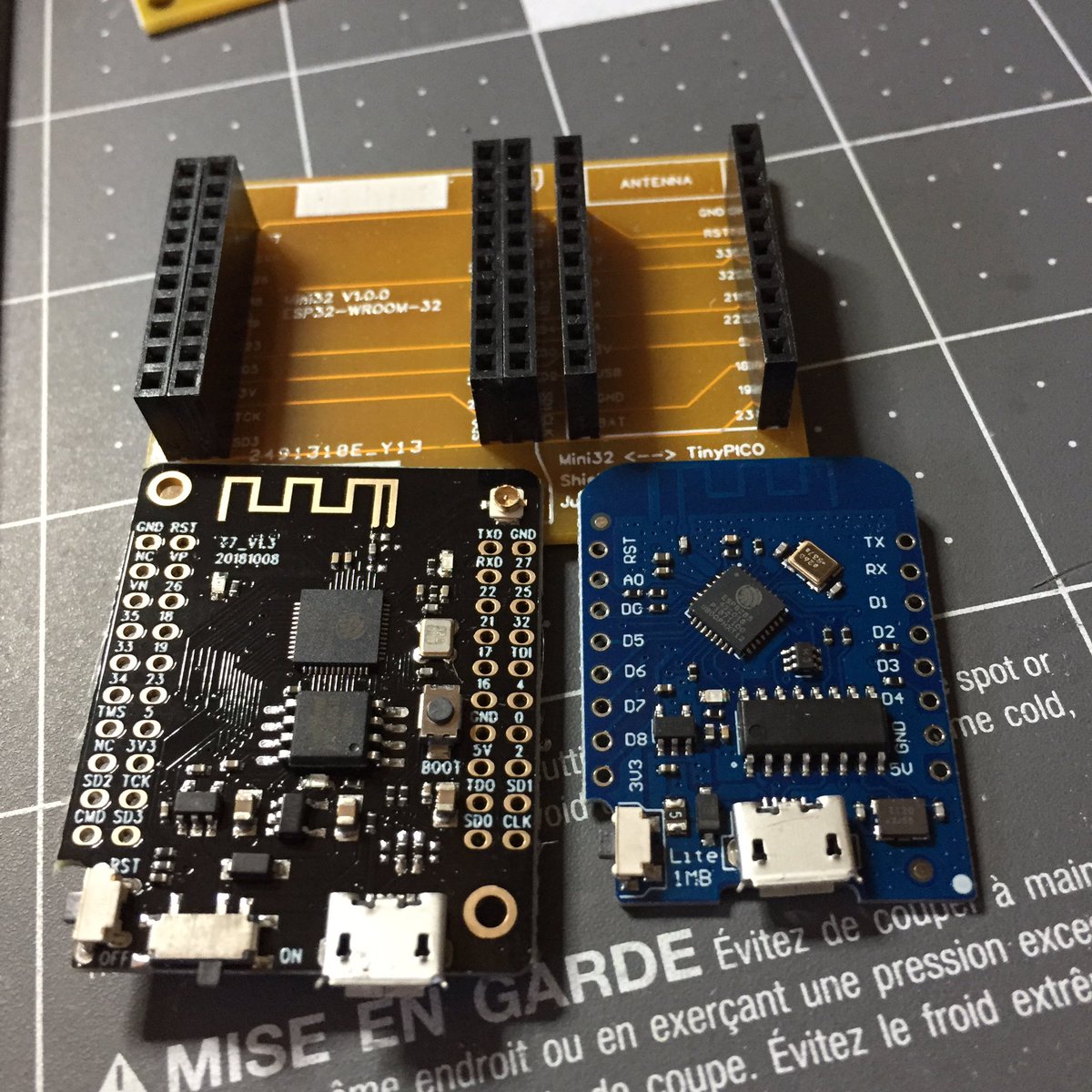 nakanaela's tweet image. I’m digging the smaller footprint of the R2 PCB. Testing/use of #TinyPICO shields can be done with either the ESP8266 D1 Mini or the ESP32 Mini32 board.