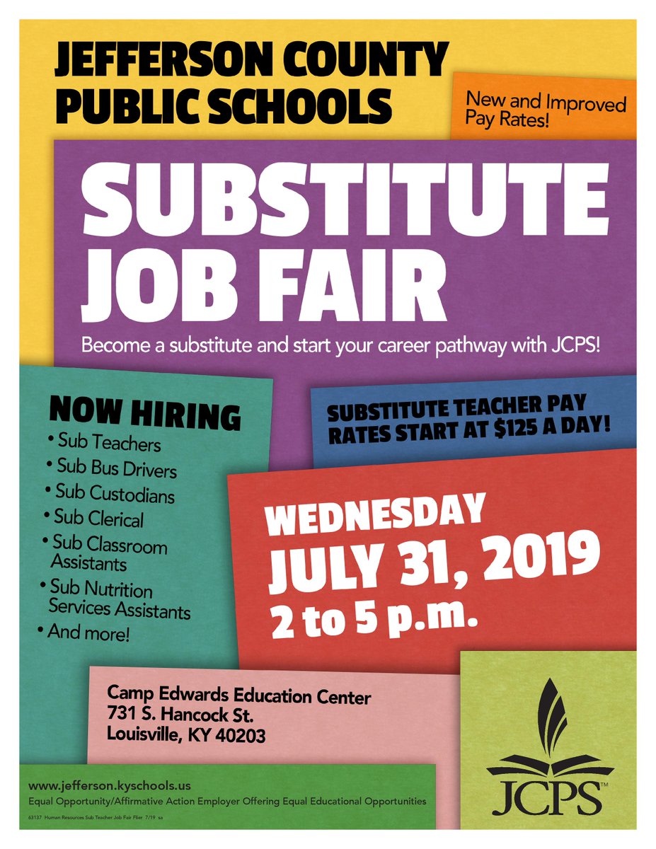 JCPSKY's tweet photo. Have you ever thought about becoming a sub? Come learn more at our @JCPSKY Substitute Job Fair on July 31! We're hiring for sub teachers 👩‍🏫, bus drivers 🚌, custodians 🧹, clerical 💻 and more!  

Info➡️https://t.co/et4sHFprVX #WeAreJCPS https://t.co/CzW0r5GB7I