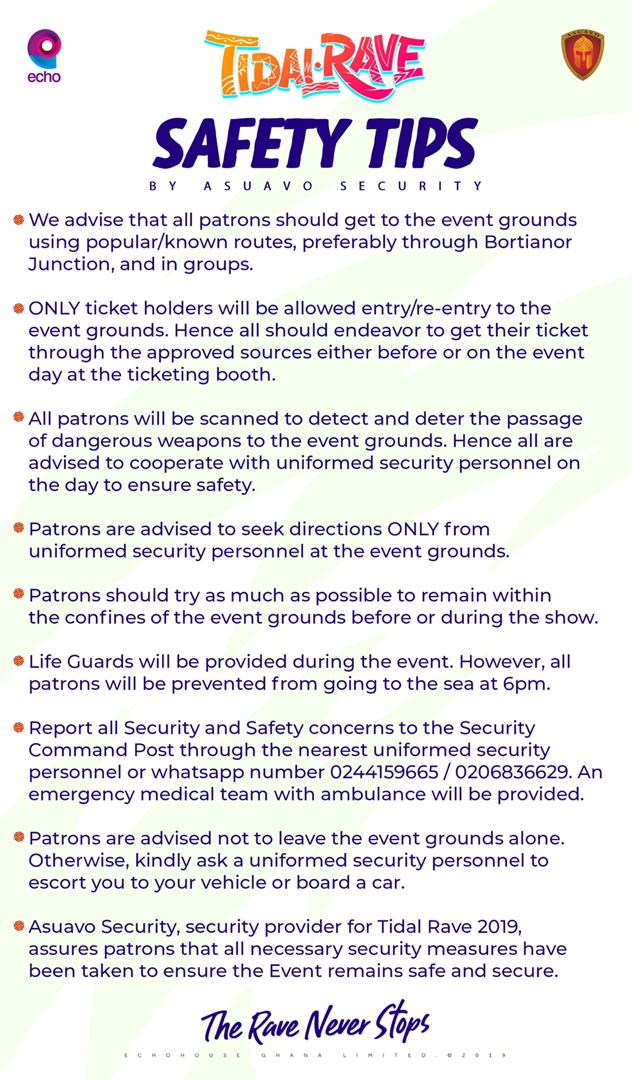 ThisIsEcho_'s tweet photo. WE HAVE TAKEN STEPS TO MAKE #TIDALRAVE2019 SAFE AND FUN FOR EVERYONE. 

HERE ARE SOME IMPORTANT SECURITY TIPS FROM OUR SECURITY TEAM - ASUAVO SECURITY. ❤❤ https://t.co/fLzlwUVfJR