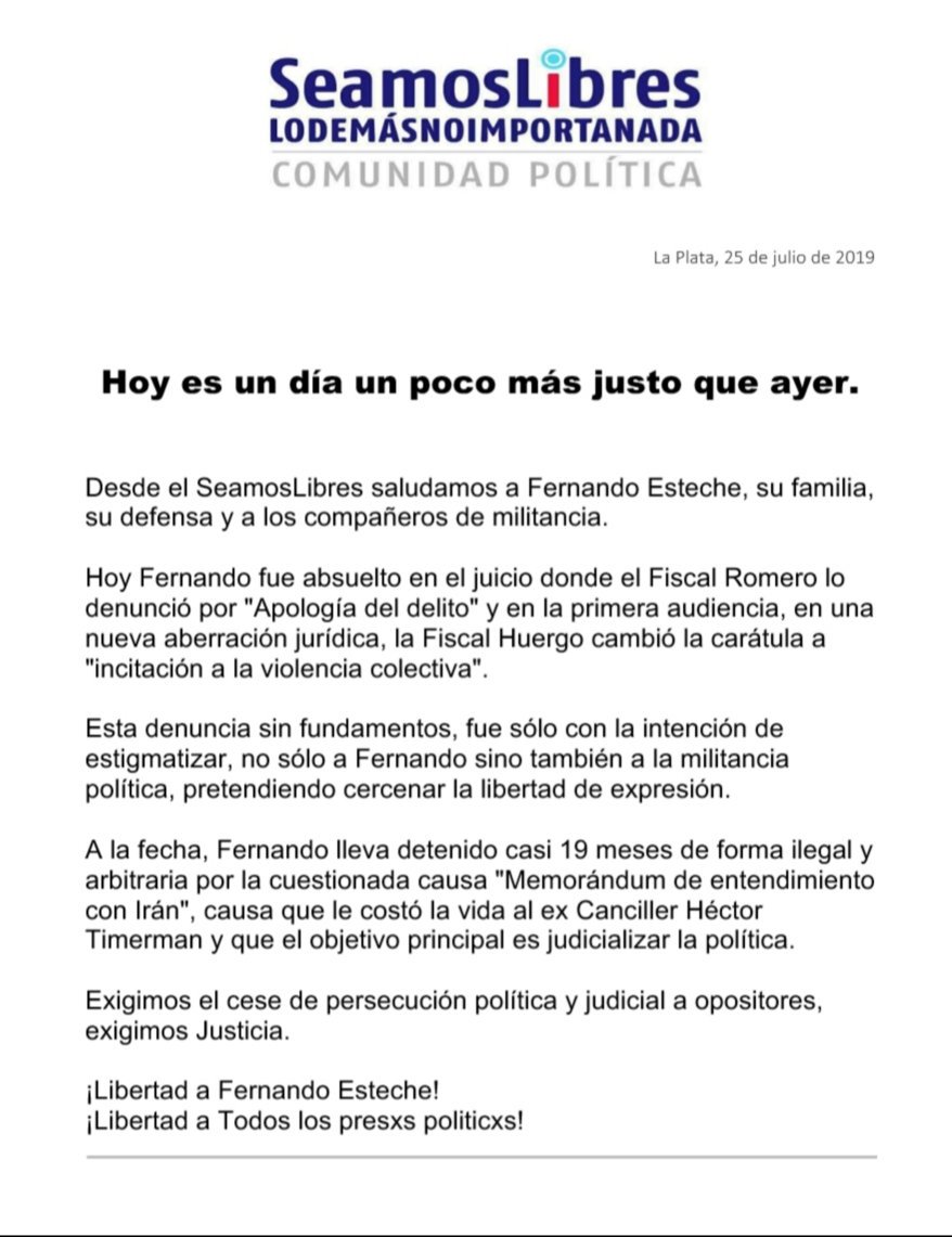 EsAhoraFG's tweet photo. Hoy es un día un poco más justo que ayer.

Desde el SeamosLibres saludamos a @estechefernando, su familia, su defensa y a los compañeros de militancia.

https://t.co/OLFSGP7AQf
#LibertadAFernandoEsteche
#LibertadATodosLosPresosPoliticos https://t.co/GN9cu90CgT