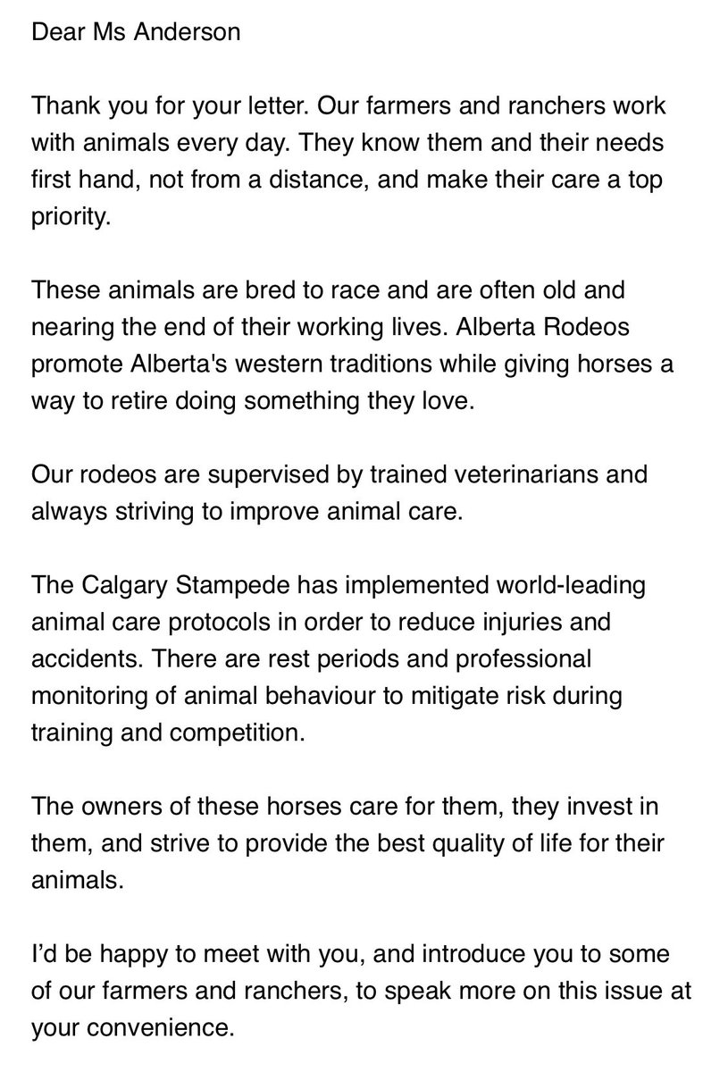 While a huge fan of your work, I respectfully disagree on your opinion about the care of rodeo and chuckwagon horses in Alberta.

I've attached a letter in response and would be happy to meet with you, and introduce you to some of our farmers and ranchers. #ableg #CdnAg
