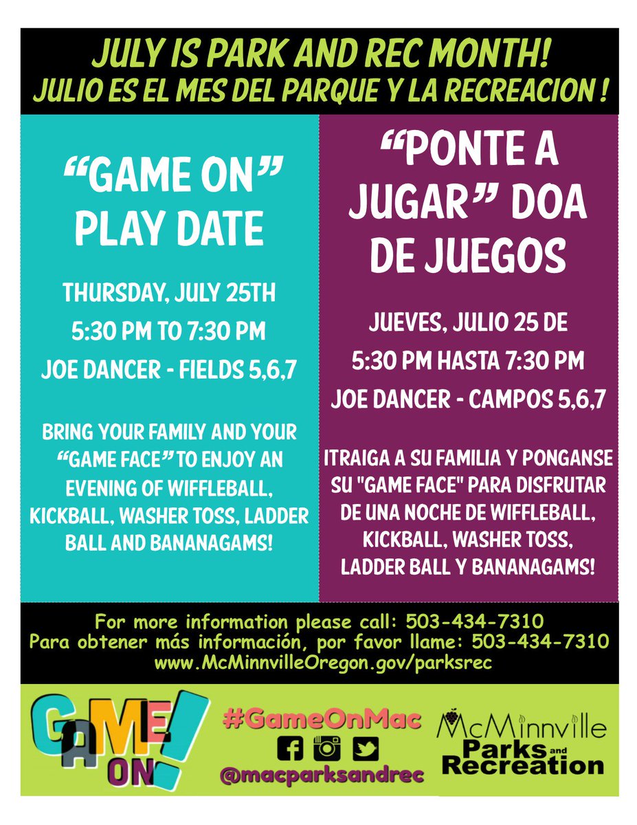 MACParksandRec's tweet photo. July 25-Parks and Recreation Month Activity: Game On Play Date from 5:30-7:30 pm at Joe Dancer (fields 5, 6, 7)
25 de Julio Actividad del Mes para Parques y Recreación: Ponte a Jugar 5:30-7:30 pm en el parque de Joe Dancer
#gameonmac https://t.co/EwWJoYAywd