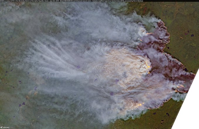 Wildfire🔥 at about 64°N in the Mirninsky District of the #SakhaRepublic, #Russia🇷🇺 23 July 2019 Copernicus/Pierre Markuse