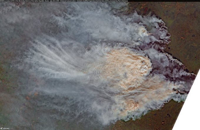 Wildfire🔥 at about 64°N in the Mirninsky District of the #SakhaRepublic, #Russia🇷🇺 23 July 2019 Copernicus/Pierre Markuse