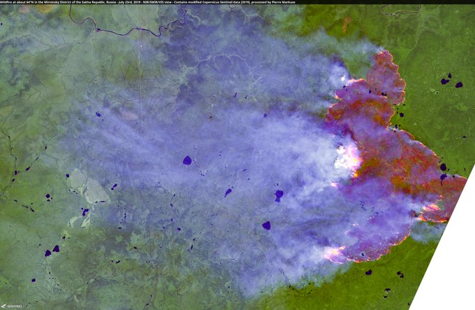 Wildfire🔥 at about 64°N in the Mirninsky District of the #SakhaRepublic, #Russia🇷🇺 23 July 2019 Copernicus/Pierre Markuse