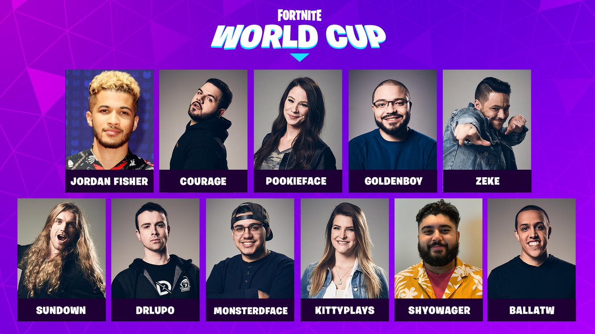 We're excited to announce your casters and hosts for the #FortniteWorldCup Finals! @JordanFisher @CouRageJD @pookieface @GoldenboyFTW @ZekimusPrime @xSUND0WN @DrLupo @MonsterDface @KittyPlays @shyowager @Ballatw Tune in at ET July 26-28 at