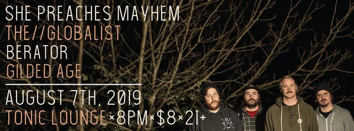 Our next show is only 2 weeks away! Come watch us act a fool with some of our favorite local bands, in a farewell to Tonic Lounge It's always sad to see a loved venue go away, but this will be a fitting goodbye.

<a href="/ShePreachesPDX/">She Preaches Mayhem</a> <a href="/TheGlobalistPDX/">The Globalist</a> <a href="/BeratorPDX/">Berator</a> &amp; <a href="/gildedagepdx/">Gilded Age</a>