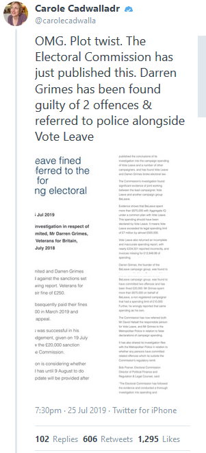 MediaGuido's tweet photo. Just got off phone with the Electoral Commission who confirm NOTHING HAS CHANGED. No new charges. No reference to the police. Carole is reading an old press release which has been updated to include the fact that Darren WON HIS CASE. Carole needs to issue a correction YET AGAIN. https://t.co/sDmNM5Qcc3