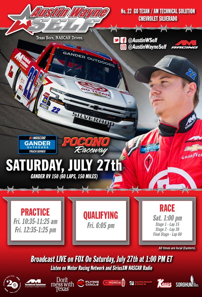 Double-duty at @poconoraceway today with <a href="/WinTronRacing/">Win-Tron Racing</a> and <a href="/AMRacingNASCAR/">AM Racing</a> but excited to be at the"Tricky Triangle!" 

Thanks to <a href="/GOTEXAN/">GOTEXAN</a>, <a href="/AMTechSol/">AMTechnicalSolutions</a>, <a href="/flyingcircle_/">Flying Circle</a>, CForce, <a href="/KreuzMarket/">Kreuz Market</a> and all of our other partners for their support! 

#NASCAR #GanderRV150 #FORTSUSA150