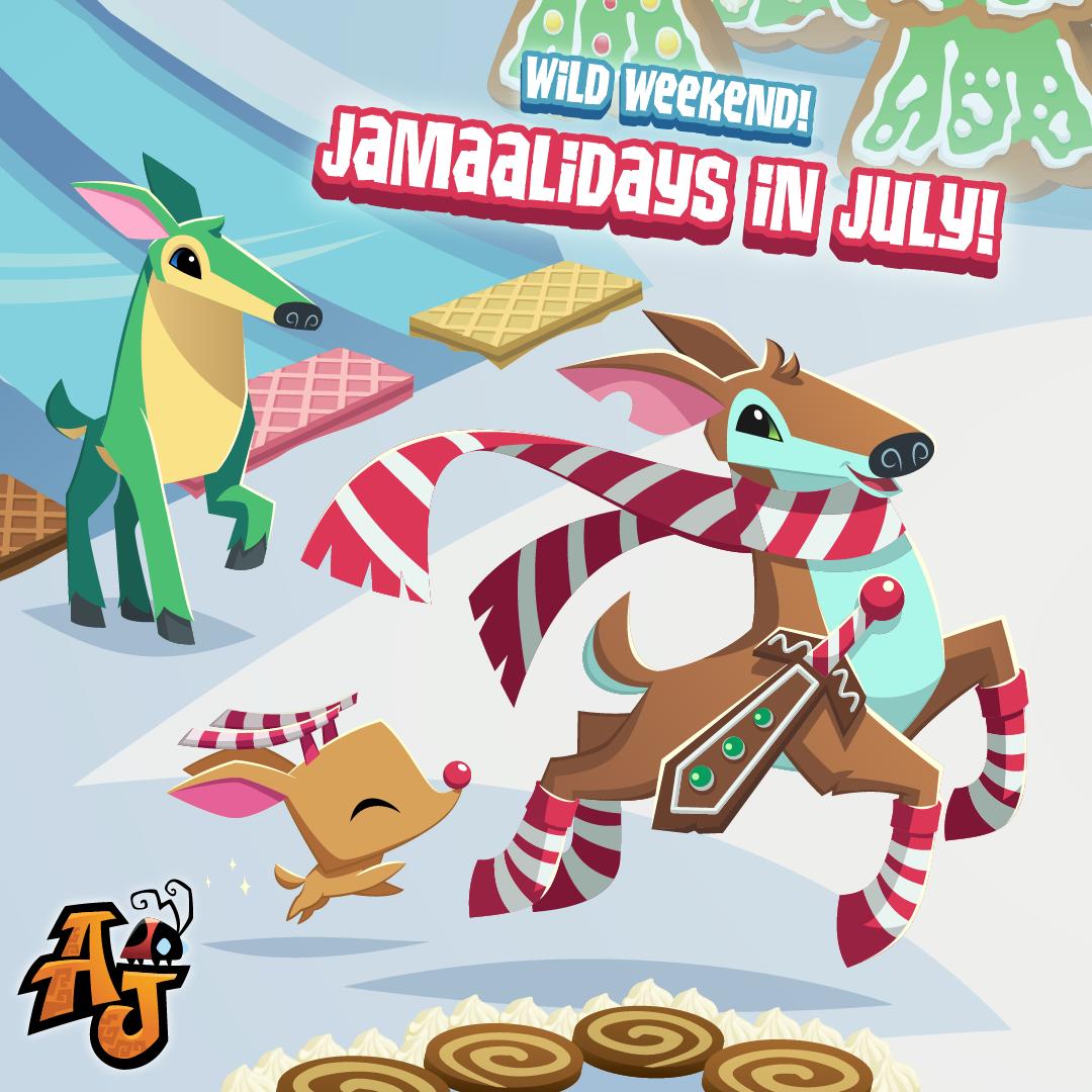 AnimalJam's tweet photo. The latest Wild Weekend in Animal Jam has arrived: Jamaalidays in July! Get a head start on your holiday planning; pick up your favorite Jamaalidays items, available Thursday through Sunday evening only! #AnimalJam https://t.co/RpYWq2ic26