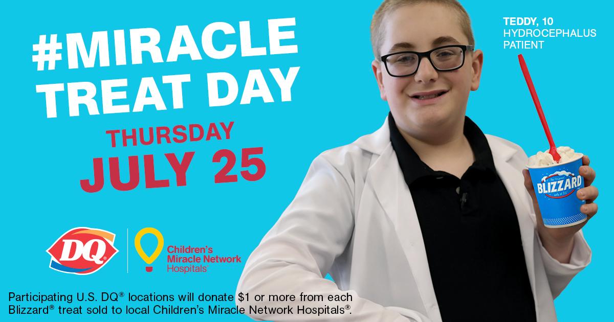 Children's Miracle Network Hospitals (@cmnhospitals) on Twitter photo Good morning! Today is #MiracleTreatDay at <a href="/DairyQueen/">Dairy Queen</a>. You know what that means? $1 or more of every Blizzard® Treat sold at participating U.S. locations will benefit kids treated at CMN Hospitals. Hurry in and Blizzard Treat yo'self! Good morning! Today is #MiracleTreatDay at <a href="/DairyQueen/">Dairy Queen</a>. You know what that means? $1 or more of every Blizzard® Treat sold at participating U.S. locations will benefit kids treated at CMN Hospitals. Hurry in and Blizzard Treat yo'self!