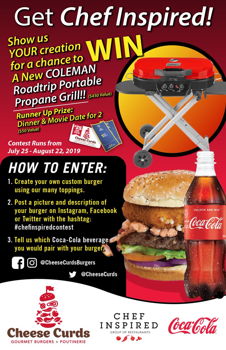 CheeseCurds's tweet photo. Have you ever thought there was another type of burger we should have on our menu? Here's your chance to have your creation on our feature menu. Plus win a BBQ! Visit https://t.co/ZV4iwKbzL1 for full contest details.
#chefinspiredcontest #createyourownburger https://t.co/j4rICfWNpC