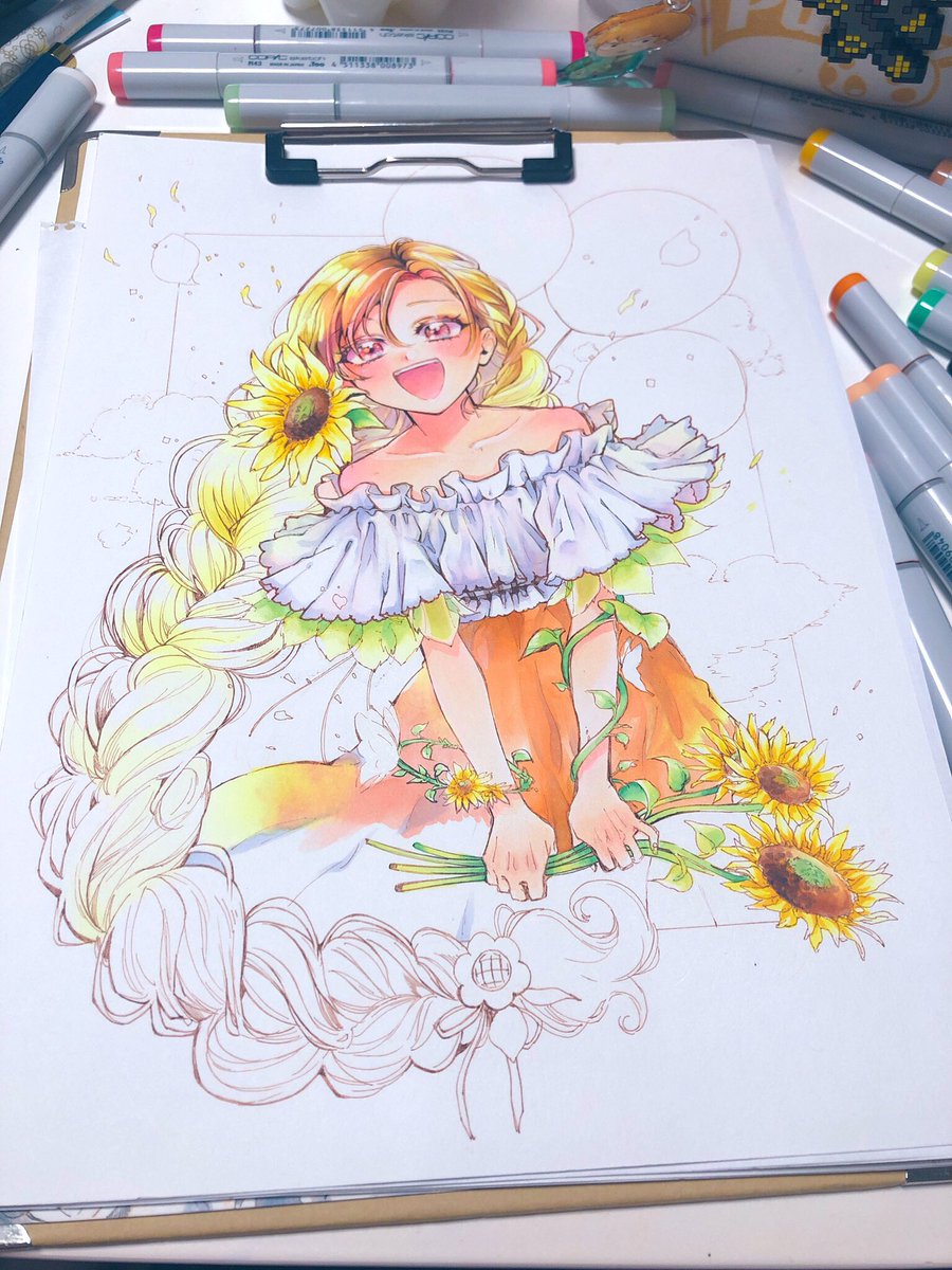 1girl flower braid sunflower solo dress traditional media  illustration images